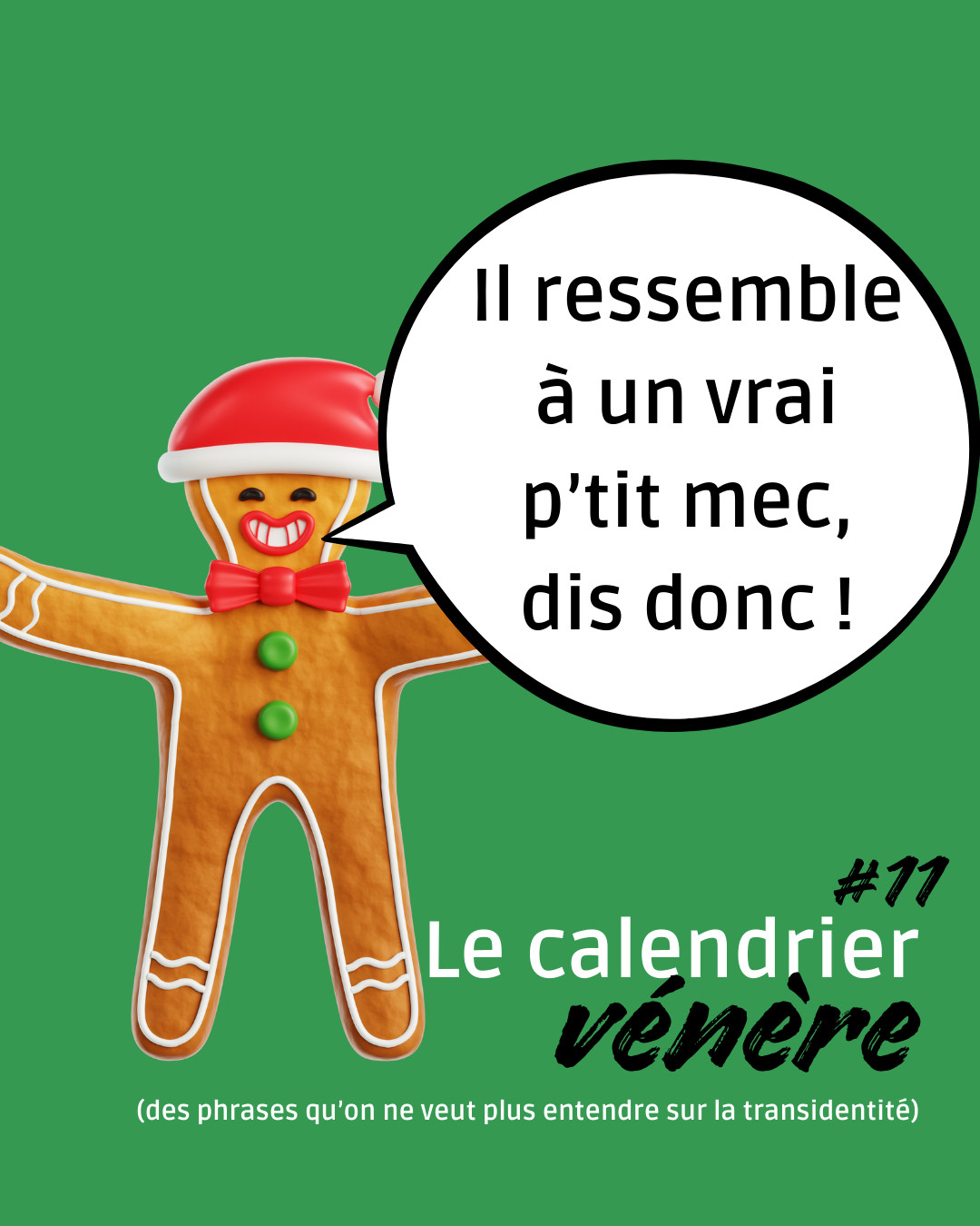Notre bonhomme de pain d'épices a l'air tout joyeux quand il dit : "Il ressemble à un vrai p'tit mec, dis donc !" - épisode 11 de notre calendrier vénère des phrases qu'on ne veut plus entendre sur la transidentité.