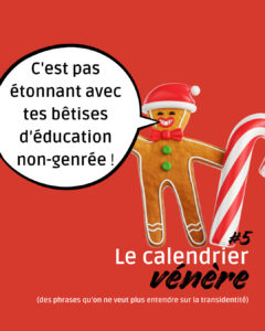 Un bonhomme de pain d'épice souriant tenant un sucre d'orge s'exclame : "C'est pas étonnant avec tes bêtises d'éducation non-genrée. Épisode 5 de notre calendrier vénère des phrases qu'on ne veut plus entendre sur la transidentité.