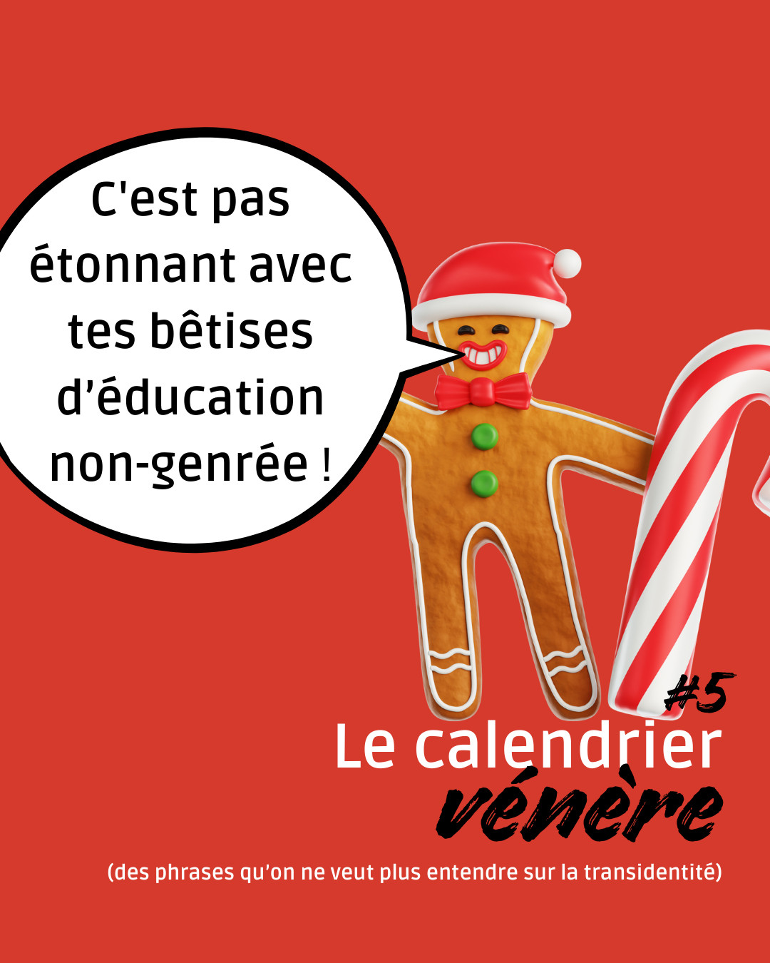 Un bonhomme de pain d'épice souriant tenant un sucre d'orge s'exclame : "C'est pas étonnant avec tes bêtises d'éducation non-genrée. Épisode 5 de notre calendrier vénère des phrases qu'on ne veut plus entendre sur la transidentité.