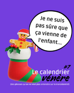 Un bonhomme en pain d'épices dans une chaussette de Noël dit : "Je ne suis pas sure que ça vienne de l'enfant." Épisode 7 du calendrier vénère des phrases qu'on ne veut plus entendre sur la transidentité.