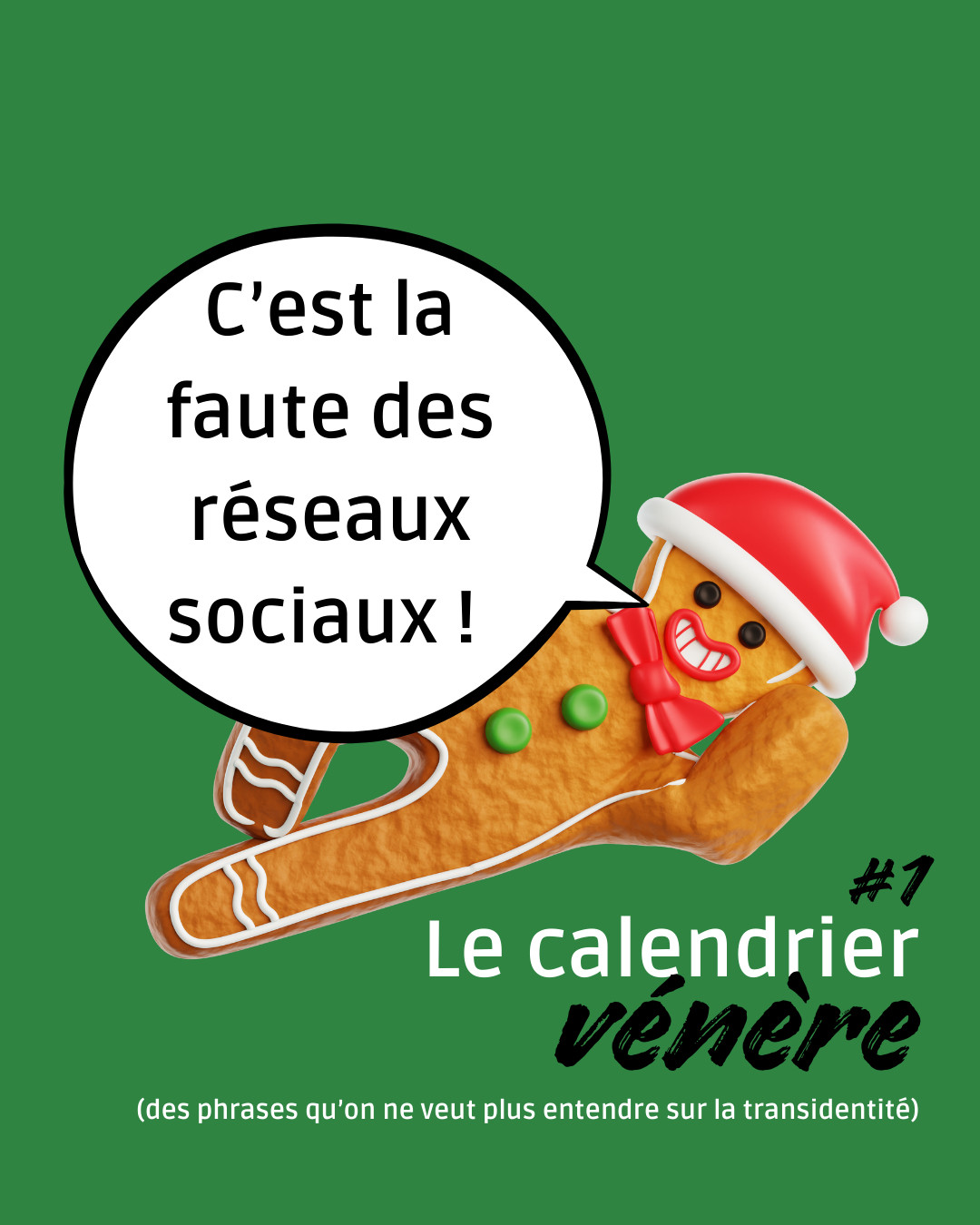 Un bonhomme en pain d'épices dans une pose lascive dit "C'est la faute des réseaux sociaux !" - #1 Le calendrier vénère (des phrases qu'on ne veut plus entendre sur la transidentité)