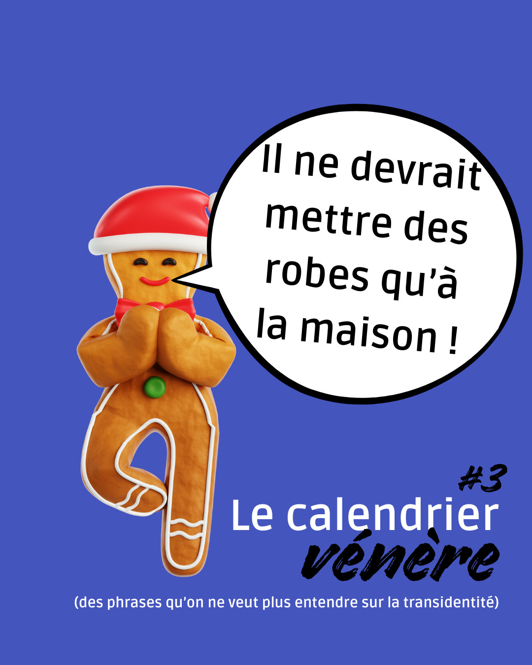 Notre bonhomme en pain d'épices a l'air sarcastique quand il déclame "Il ne devrait mettre des robes qu'à la maison". Episode 3 sur le calendrier vénère des phrases qu'on ne veut plus entendre sur la transidentité.