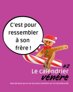 Un bonhomme de pain d'épices, assis sur un sucre d'orge, s'exclame "C'est pour ressembler à son frère". 2e case de notre calendrier d'avant vénère des phrases qu'on ne veut plus entendre sur la transidentité.