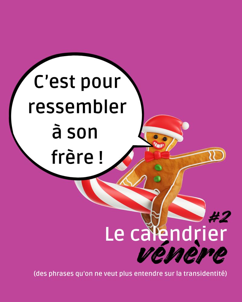 Un bonhomme de pain d'épices, assis sur un sucre d'orge, s'exclame "C'est pour ressembler à son frère". 2e case de notre calendrier d'avant vénère des phrases qu'on ne veut plus entendre sur la transidentité.